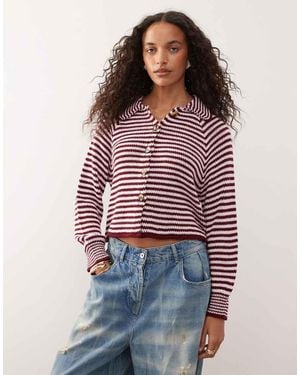 Collusion Knitted Stripe Raglan Cardi - Red
