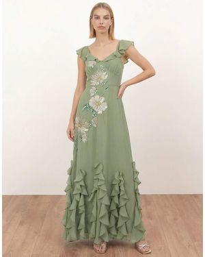Maya Floral Embellished Waterfall Ruffle Maxi Dress - Green