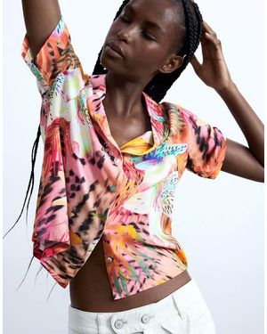Desigual Camicia A Maniche Corte Con Stampa Tropicale - Rosso