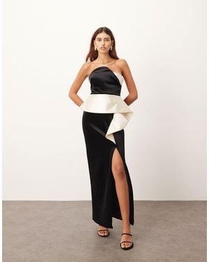 ARRANGE Structured Curved Velvet Column Midi Dress With Contrast Satin Peplum - White