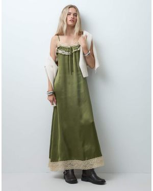 Reclaimed Vintage Satin Jacquard Slip Dress With Lace Trims - Green