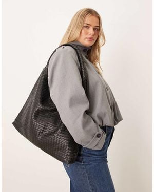 Gina Tricot Large Slouchy Faux Suede Braided Weave Shoulder Bag - Grey