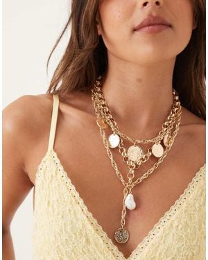ASOS Limited Edition Multi-row Lariat Necklace With Chunky Chain, Charm And Faux Pearl Pendant - Natural