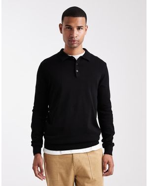 Brave Soul Placket Long Sleeve Polo Top - Black