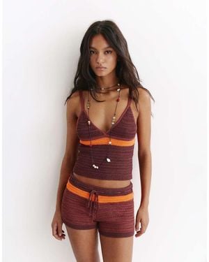 Pull&Bear Striped Crochet Knit Top - Red