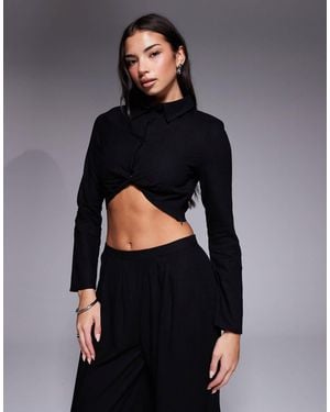 Kaiia Exclusive Cotton Rich Structured Shoulder Detailing Cropped Long Sleeve Shirt - Black