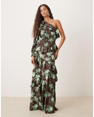 True Decadence One Shoulder Ruffled Layered Maxi Dress - Green