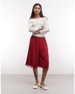 Reclaimed Vintage Longline Satin Shorts With Lace Trim - Red