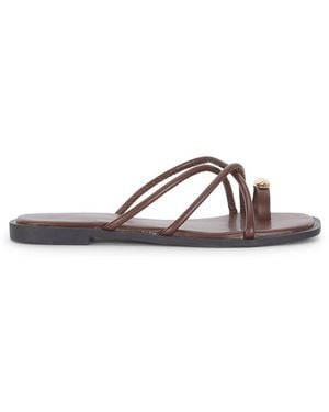 SEQWL Strappy Flat Slide Sandals With Toe-Loop Hardware Detail - Brown