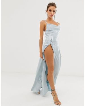 ASOS – Maxikleid aus Satin mit Schlitz zum Oberschenkel und Wasserfallausschnitt - Blau