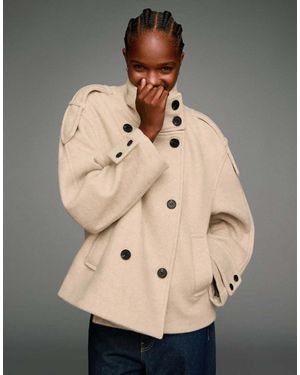Bershka Felt Texture Jacket With Funnel Collar - Natural
