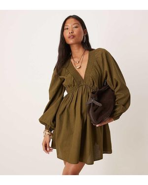 Nobody's Child Petite Irene Balloon Sleeve Boho Mini Dress - Brown