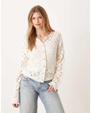 Y.A.S Circle Crochet Knit Cardigan With Gold Button Detail - White