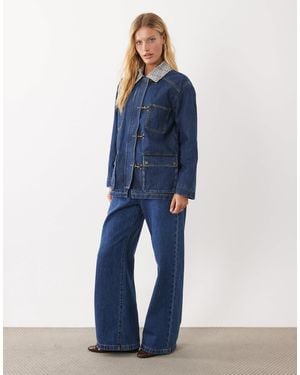 Abercrombie & Fitch Longline Denim Barn Jacket With Plaid Collar - Blue