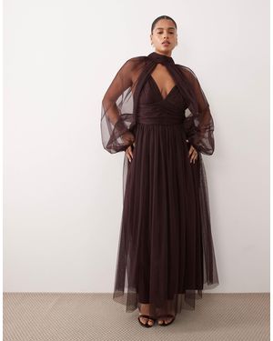 Lace & Beads Plus Removable Sleeve Tulle Maxi Dress - Brown
