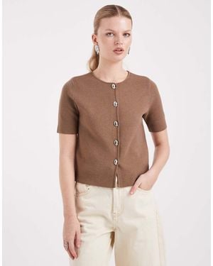 Threadbare Short Sleeve Compact Knit Cardigan With Contrast Buttons - Natural
