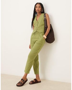 Threadbare Linen Blend Drawstring Waist Tapered Trousers - Green
