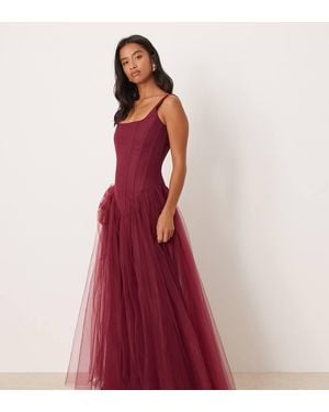 LACE & BEADS Drop Hem Corset Maxi Gown - Red