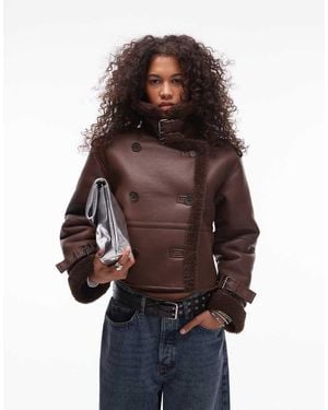 TOPSHOP Faux Leather Borg Shearling Cropped Aviator Jacket - Brown