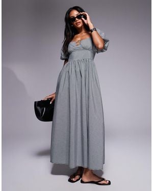 River Island – midikleid mit -weißen vichy-karos, puffärmeln und besatz - Grau