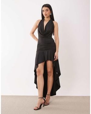 Murci Slinky Cowl Halterneck Plunge Detail Ruffle High-low Maxi Dress - Natural