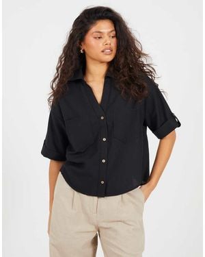 Brave Soul V-Neck Button Through Short Sleeve Shirt - Black
