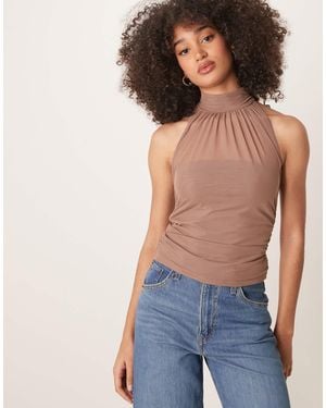 Abercrombie & Fitch Top froncé en tulle à encolure américaine - taupe - Bleu