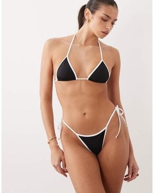 Oh Polly Tie Side Contrast Binding Micro Bikini Bottom Co-Ord - Black