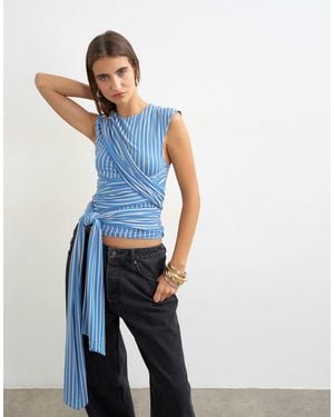 TOPSHOP Stripe Wrap Detail Tee - Blue