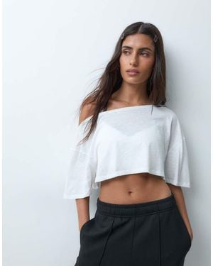 4505 Quick Dry Cotton Slub Texture Off The Shoulder Crop T-Shirt - White