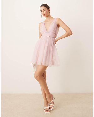 LACE & BEADS Bow Waist Tulle Mini Dress - Pink