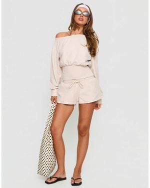 Princess Polly Cassey Asymmetric Off Shoulder Ribbed Fitted Waist Sweatshirt - Natural