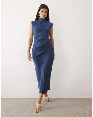 ASOS High Neck Pleated Bodice Midi Dress - Blue