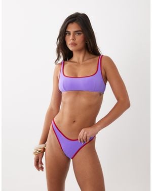ASOS Mara Towelling Ibiza High Leg Cheeky Bikini Bottom With Contrast Binding - Purple