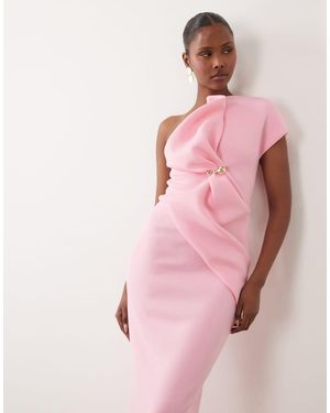 ASOS Asymmetric One Shoulder Midi Dress With Trim - Pink