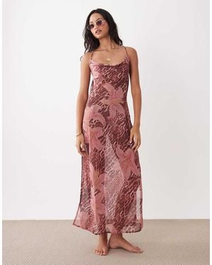 Aray Vestido Playero Largo Transparente Con Estampado De Leopardo Y Floral De - Rosa