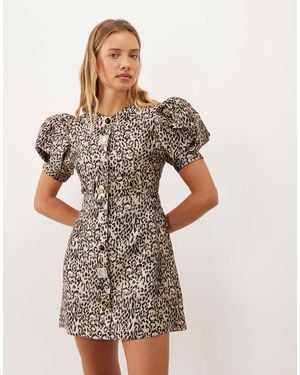 Sister Jane Charmed Jacquard Round Neck Puff Sleeve Mini Dress - Grey