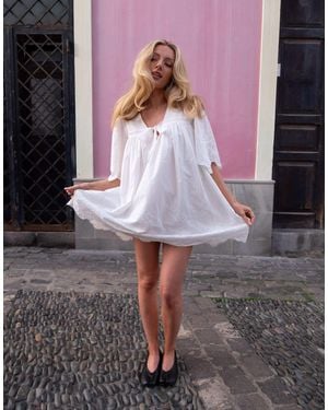 Daisy Street X Emma Jean Boho Fluted Sleeve Floaty Mini Dress With Broderie Detailing - Grey