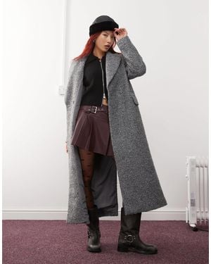 Monki Textured Long Double Breasted Coat - Grey