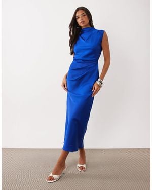 ASOS Satin High Neck Pleated Bodice Midi Dress - Blue