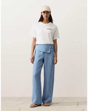 Oysho 100% Linen Straight-leg Trousers With Turn-up Waist - Blue
