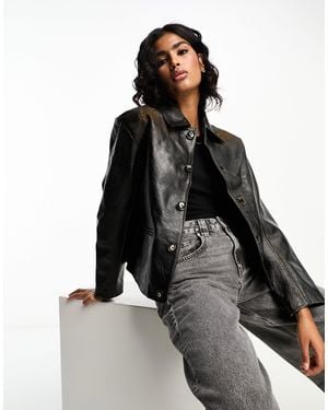 Mango Capsule Button Through Washed Leather Jacket - Black