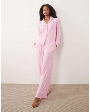 Brave Soul Button Down Shirt And Trousers Pyjamas - Pink