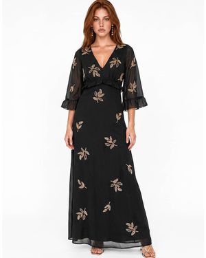 Maya Leaf Embellished 3/4 Bell Sleeve Maxi Dress - Black