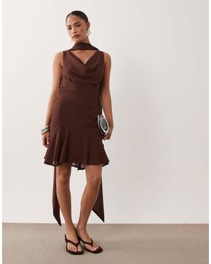Never Fully Dressed Petite Sophie Chiffon Cowl Neck Scarf Detail Mini Dress - Brown