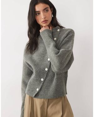 Pretty Lavish Knitted Asymmetric Buttoned Cardigan - Grey