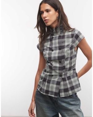 Collusion Camicia Con Collo A Imbuto E Maniche Ad Aletta A Quadri Verdi - Grigio
