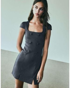Bershka Short Sleeve Button Mini Dress - Blue
