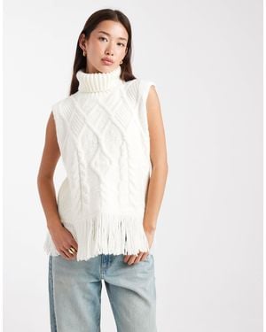 Miss Selfridge Cable Knit Oversized Fringe Tank - White