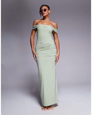 Kaiia Exclusive Double Layered Slinky Bardot Gathered Waist Detail Maxi Dress - Gray